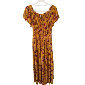 Patrons of Peace Mustard Floral Midi Dress Size S Cottagecore Boho Festival